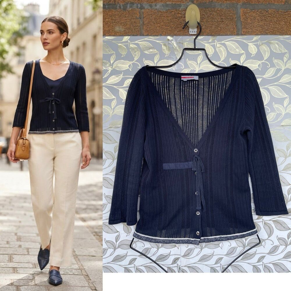 Prada Lightweight Ribbed Knit Cardigan Size 42 Vintage Luxury Navy Blue